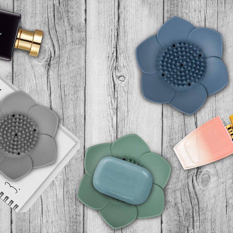 HR H&R 3 Pack Silicone Soap Holder, Bathroom Soap Tray with Drain, Lotus Shaped - Blue, Green, Grey - Image 4